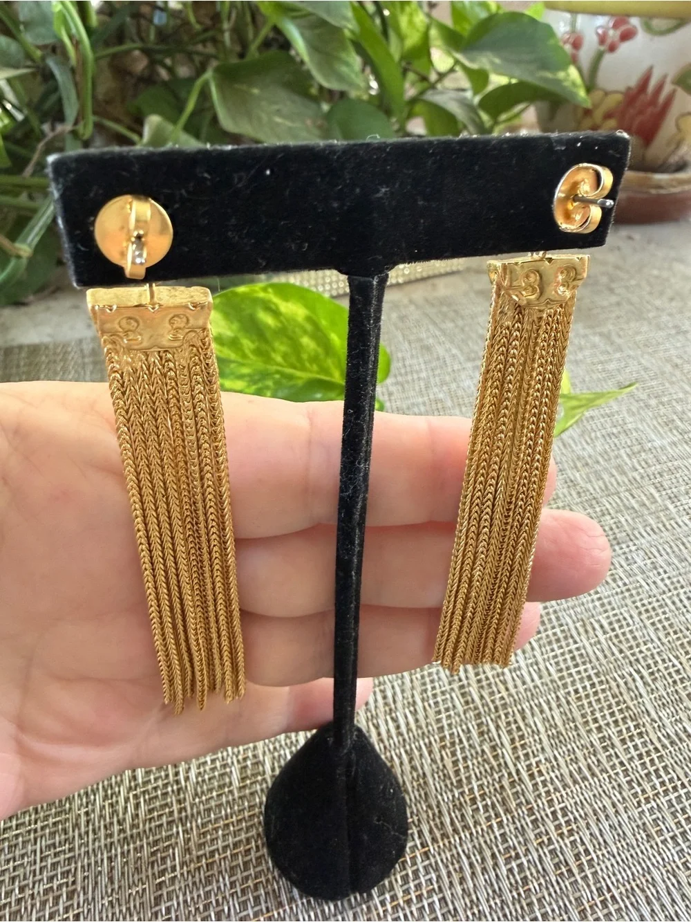 Tory Burch Dramatic Gold ChainTassel Earrings MOP Cabochon Pierced/Post